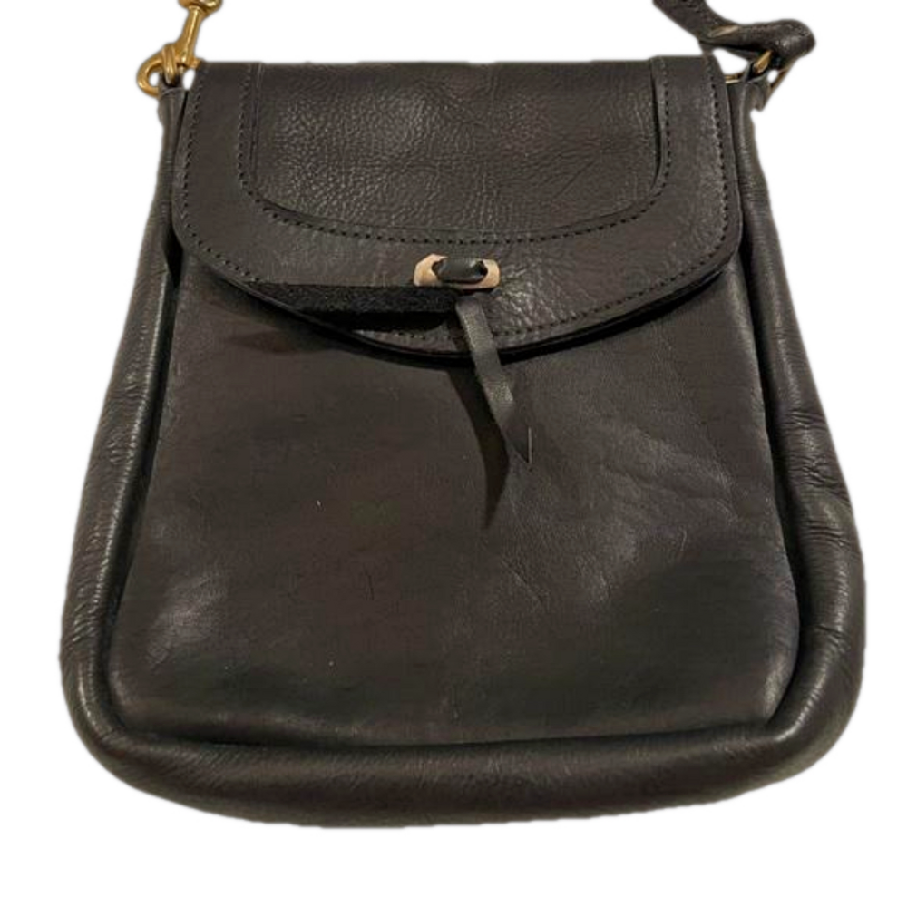 Vintage small leather crossbody with bone/stone decor. Brass hardware. B8